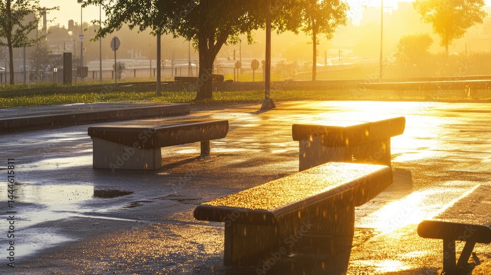 Morning light showing dry workout benches and equipment