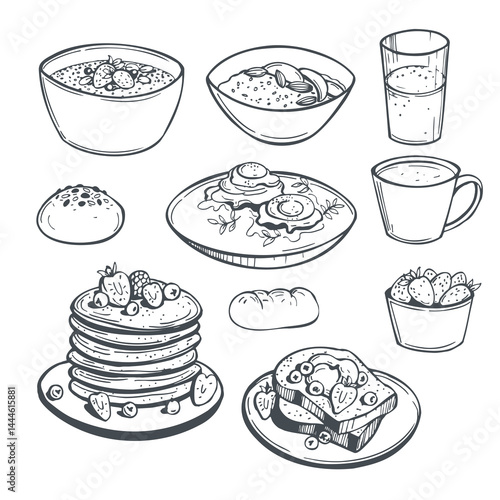 Hand-drawn breakfast food.  Vector sketch 
illustration.