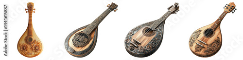 Biwa, Japanese lute with intricate rosette, Crafted Collection 3D illustration, Transparent PNG background, commercial use