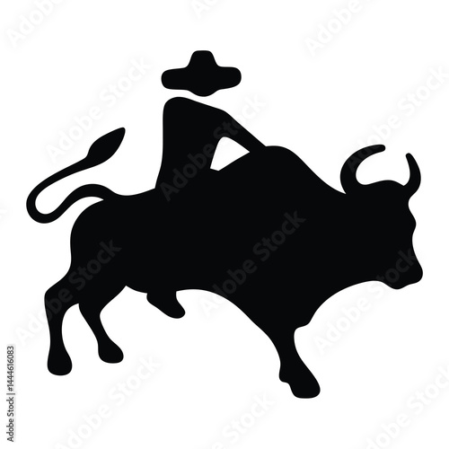 Silhouette of a Man Riding a Bull A Bold Black and White Illustration of a Rodeo or Spanish Tradition