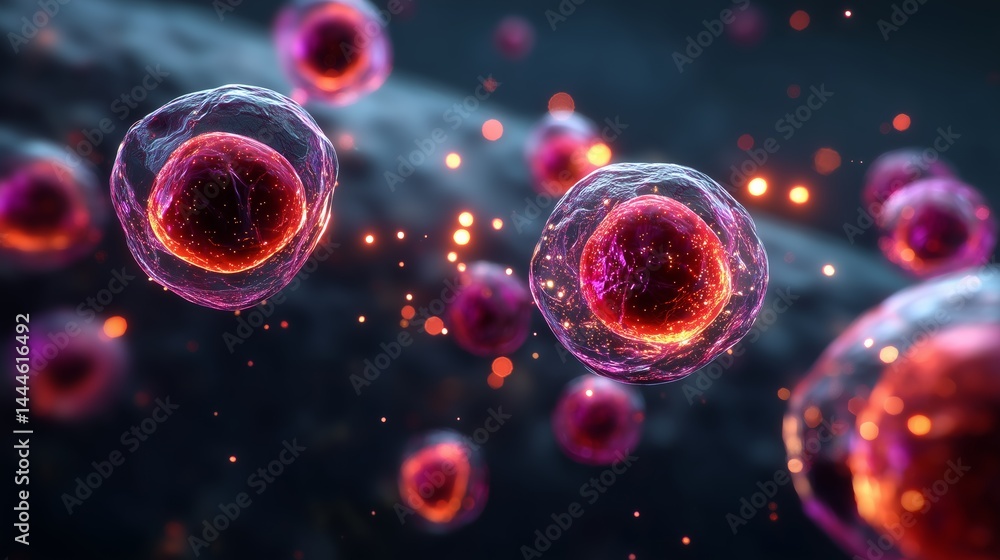 Naklejka premium Microscopic view of vibrant cells in a dark environment. Detailed viral cells.