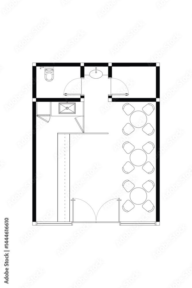 2 dimension floor plan with furniture layout design of cafe or mini restaurant 25 meters squares, vector line black isolated on white background. Set 3 2 dimension floor plan with furniture layout design of cafe or mini restaurant 25 meters squares, vector line black isolated on white background. Set 3