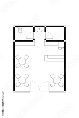 2 dimension floor plan with furniture layout design of cafe  or mini restaurant 25 meters squares, vector line black isolated on white background. Set 4