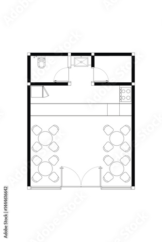 2 dimension floor plan with furniture layout design of cafe  or mini restaurant 25 meters squares, vector line black isolated on white background. Set 5