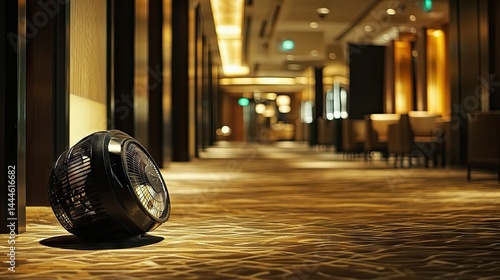 Portable fan blowing air toward carpeted hotel floor