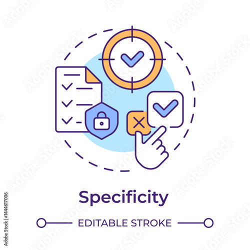 Specificity multi color concept icon. Defined limited purpose of user allotment. GDPR consent principle. Round shape line illustration. Abstract idea. Graphic design. Easy to use in article