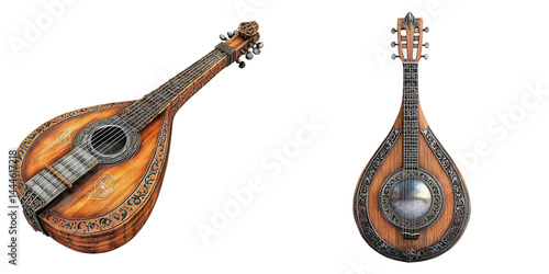 Crafted Collection of Cumbus, Turkish lute with a metal resonator, 3D illustration, Transparent PNG background, commercial use