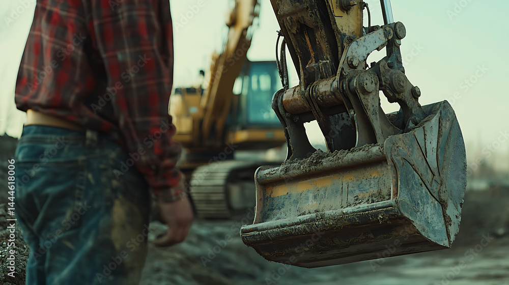 Construction Worker with Excavator Bucket Construction Worker with Excavator Bucket