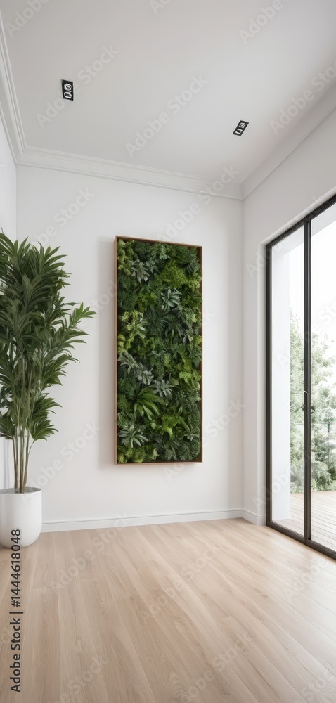 Fototapeta premium A vibrant, large green plant with broad leaves stands majestically in the corner of a spacious, sunlit empty room, casting soft shadows on the floor.