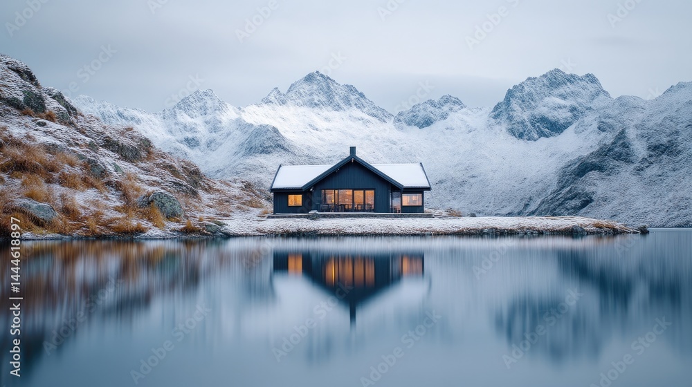 Cozy cabin nestled by a serene lake, majestic mountains in the background. Tranquil winter scene Cozy cabin nestled by a serene lake, majestic mountains in the background. Tranquil winter scene
