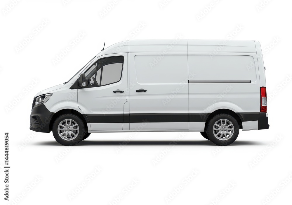 A side view of a white cargo van with sliding door and black trim on a white background showing wheels A side view of a white cargo van with sliding door and black trim on a white background showing wheels