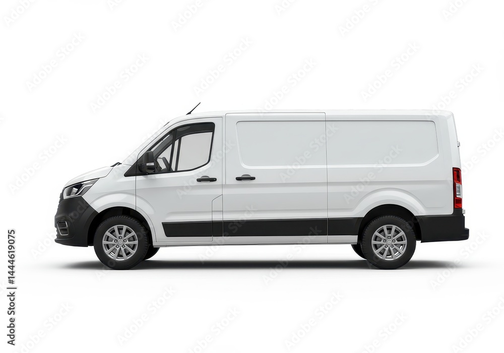 Side view of a white commercial van with black trim isolated on a white background in studio lighting Side view of a white commercial van with black trim isolated on a white background in studio lighting