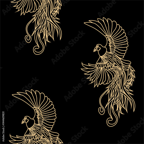The Seamless Batik Pattern of gold paradise bird on black background