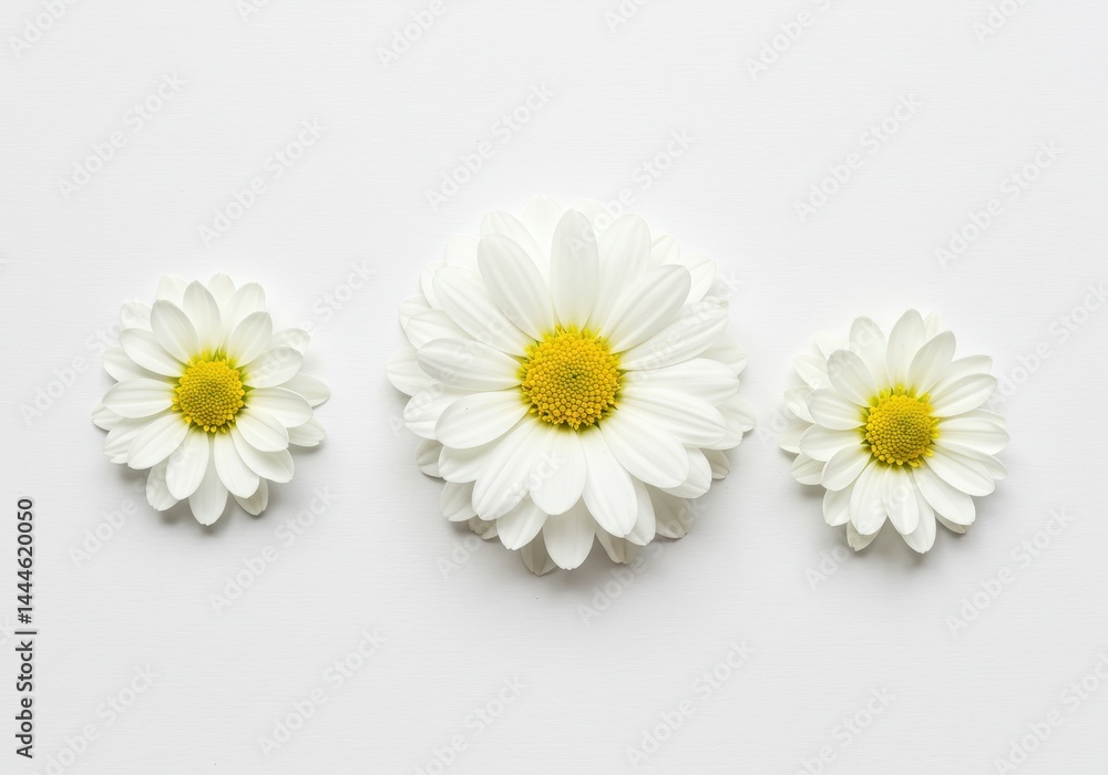 Obraz premium Three daisies arranged in a row on a white background with a central flower that is larger in size
