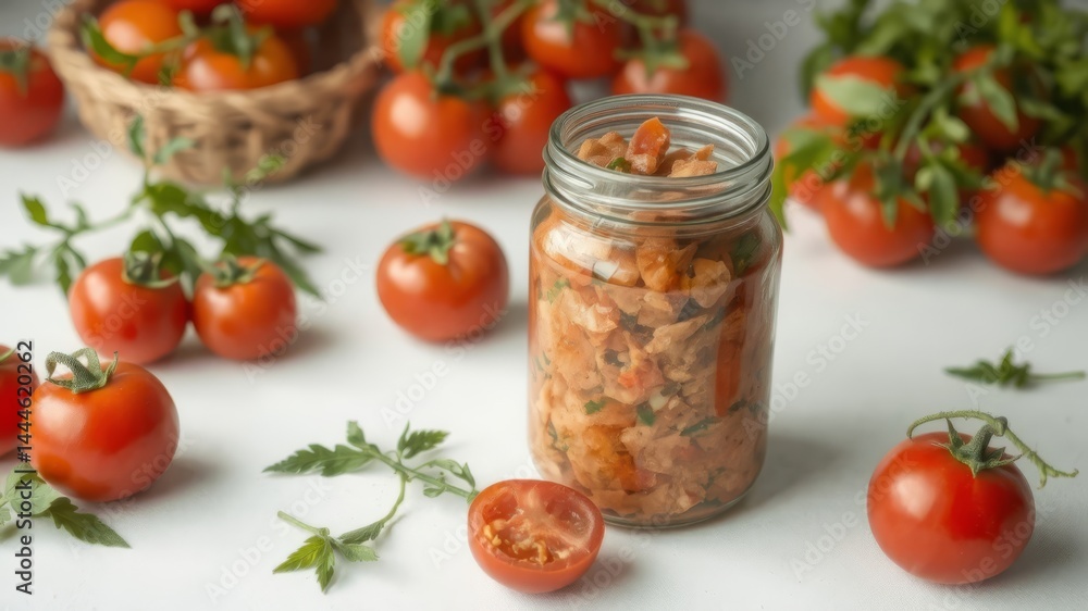 A mason jar filled with homemade pickled tomatoes sits among fresh ripe tomatoes on a white background. A mason jar filled with homemade pickled tomatoes sits among fresh ripe tomatoes on a white background.