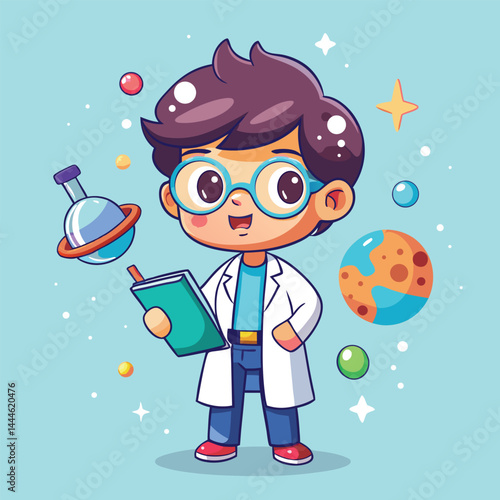 Cute Boy Scientist Cartoon Vector Graphic Art Drawing Design cute little boy scientist 