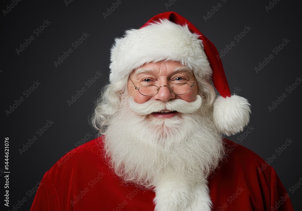 A portrait of santa claus with a white beard wearing a red hat and glasses against a gray background A portrait of santa claus with a white beard wearing a red hat and glasses against a gray background