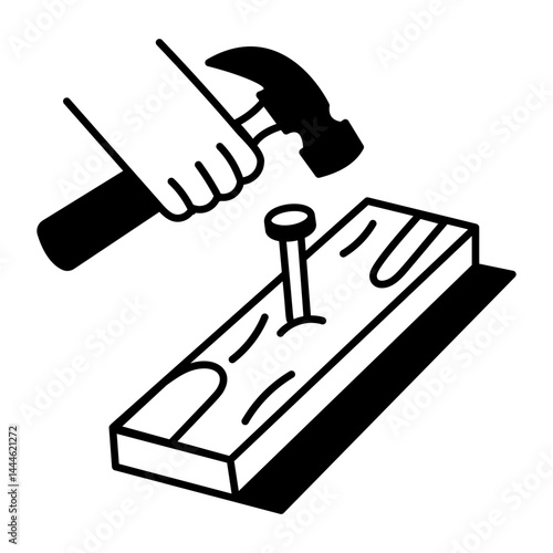 Nail fixing with hammer, hand drawn style icon 
