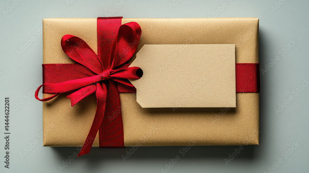 Golden gift box wrapped with a textured red ribbon and blank white tag, minimal top view composition symbolizing festive luxury, holiday gift-giving,seasonal celebration.mock up, banner,copy space,