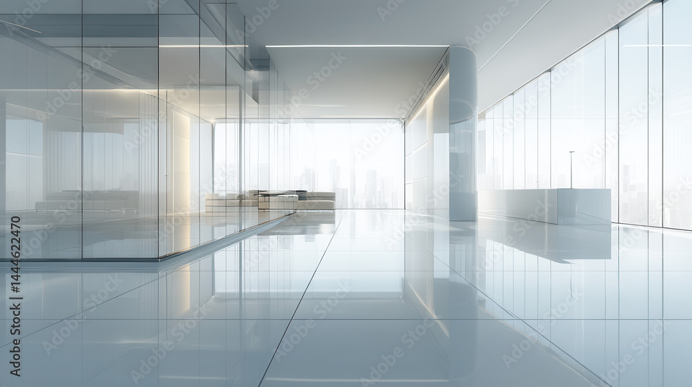 Modern Glass Office Lobby in Cityscape View Modern Glass Office Lobby in Cityscape View