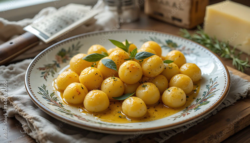 Gnocchi with Sage Butter on Ceramic Plate roasted potatoes with rosemary Gnocchi with Sage Butter on Ceramic Plate roasted potatoes with rosemary