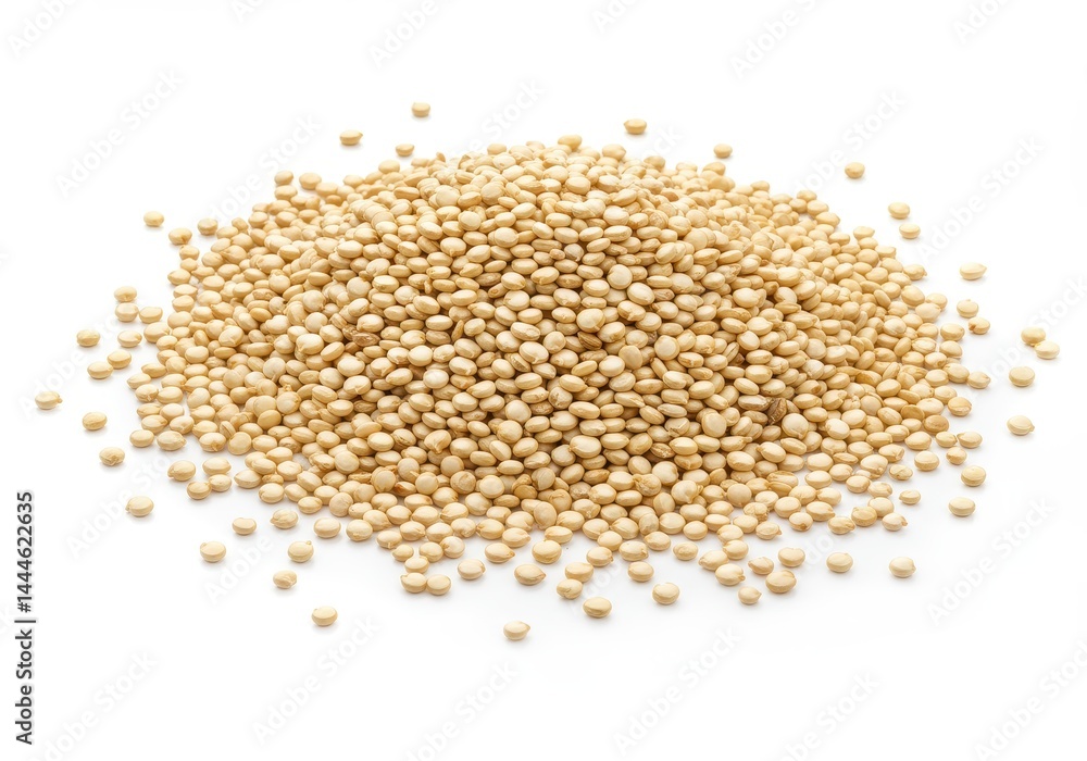 A close up shot of a pile of quinoa grains on a white background showing texture and small size detail A close up shot of a pile of quinoa grains on a white background showing texture and small size detail