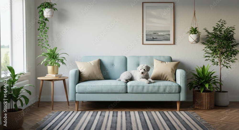 A cozy living room featuring a light blue sofa with a dog and plants in a bright and airy space A cozy living room featuring a light blue sofa with a dog and plants in a bright and airy space