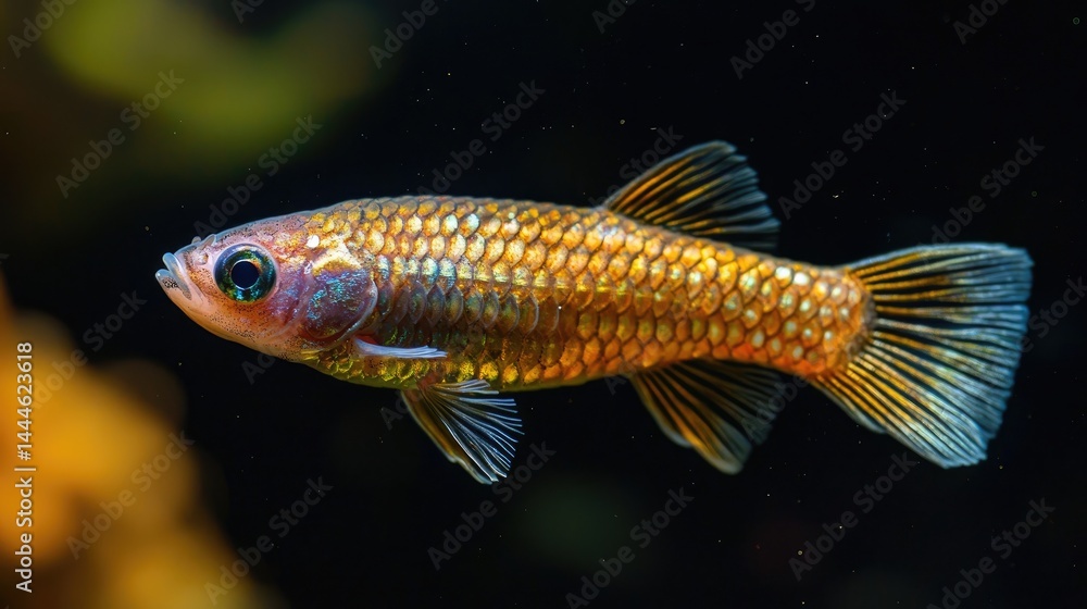 Fototapeta premium Close-up of a small, golden fish in an aquarium.