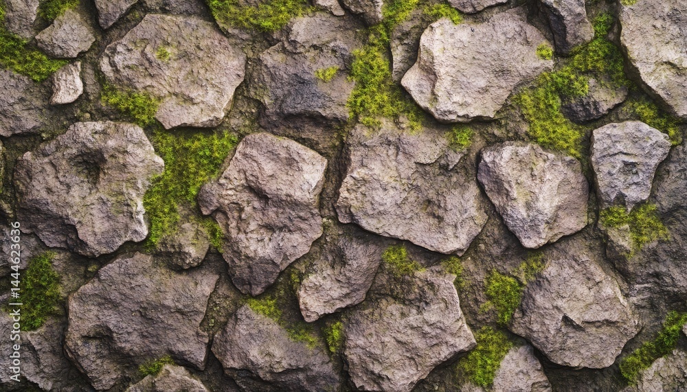 Close-up view of a textured stone wall with patches of moss.