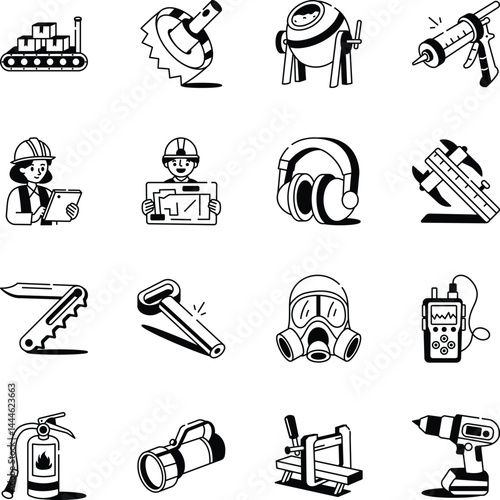 Set of Hand Drawn Construction Equipment Icons 
