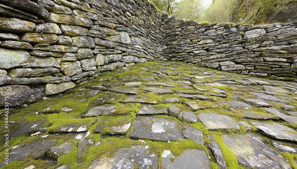 Ancient stone structure, mossy paving, and stone walls.