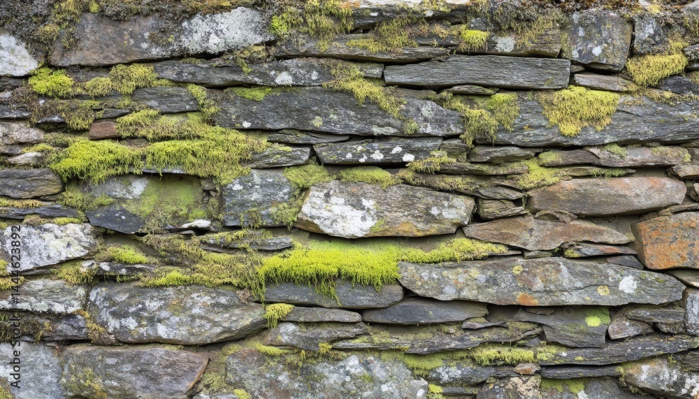 Close-up view of a textured stone wall overgrown with moss.