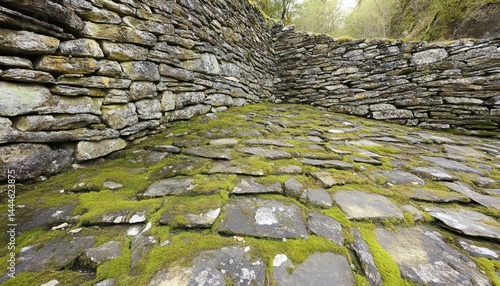 Obraz na płótnie Ancient stone structure, mossy paving, and stone walls. w salonie