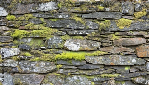 Obraz na płótnie Close-up view of a textured stone wall overgrown with moss. w salonie