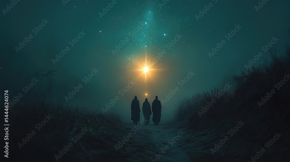 Three Wise Men following Star of Bethlehem across snowy terrain under clear starry sky, symbolizing hope, faith, guidance, and the sacred journey of Christmas tradition and biblical heritage