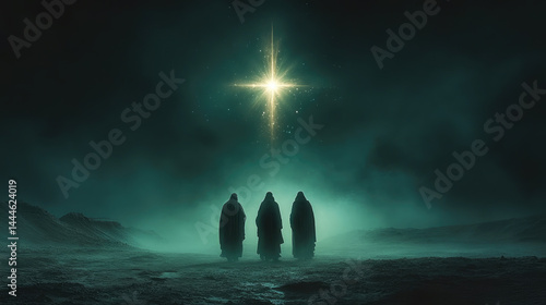Obraz na płótnie Three Wise Men walking through desert under starry night sky, following the bright Star of Bethlehem, symbolizing spiritual journey, faith, guidance, and Christmas nativity tradition w salonie