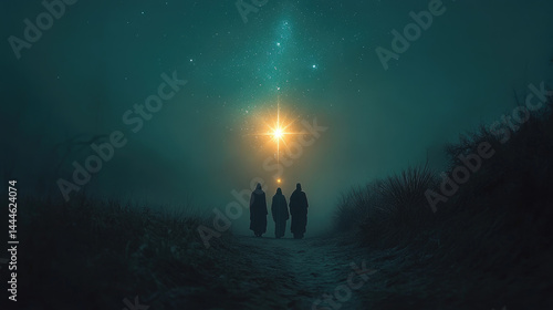 Obraz na płótnie Three Wise Men following Star of Bethlehem across snowy terrain under clear starry sky, symbolizing hope, faith, guidance, and the sacred journey of Christmas tradition and biblical heritage w salonie