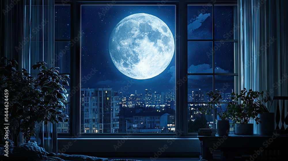Full moon view from a cozy interior room at night. Full moon view from a cozy interior room at night.