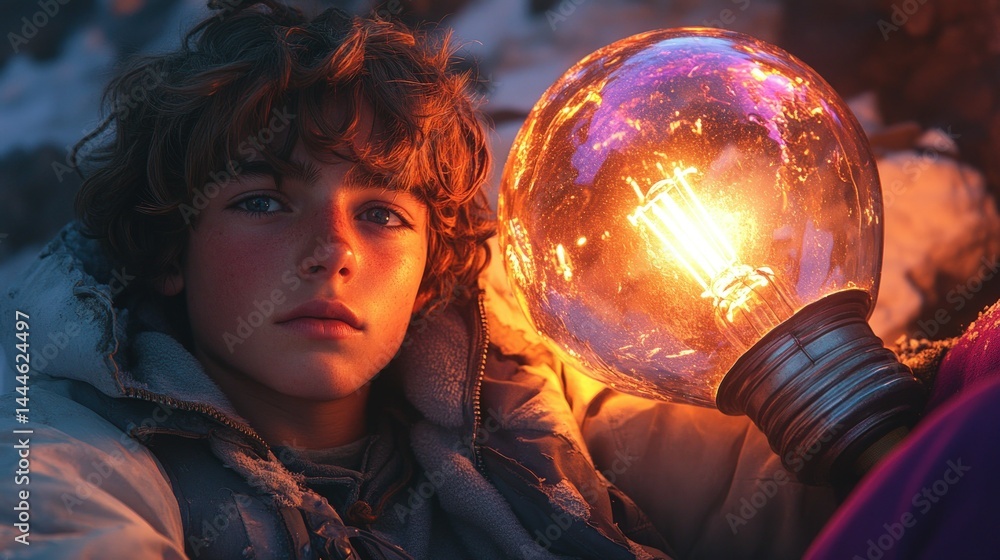 Naklejka premium Boy illuminated by lightbulbs glow