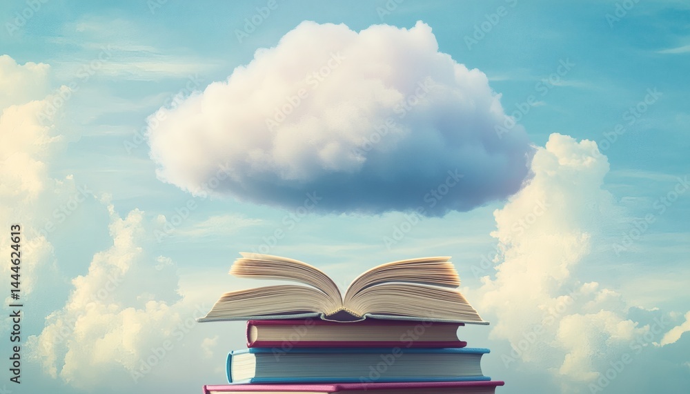 Open book under a fluffy cloud, sky background.