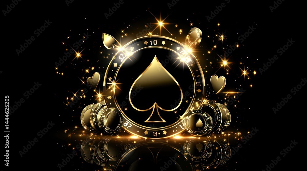 Fototapeta premium Golden Spade Symbol with Sparkles on Black Background