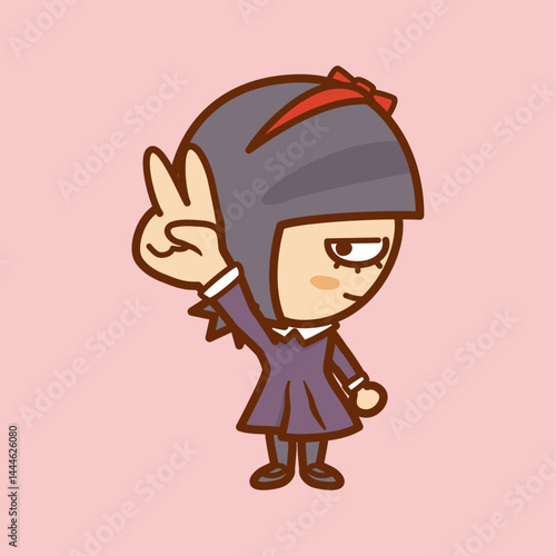２本の指を立て手を突き上げる横顔の女の子のイラスト／じゃんけんのチョキ／Illustration of a profile of a girl pointing up two fingers