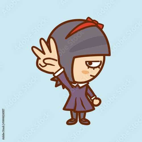 ３本の指を立て手を突き上げる横顔の女の子のイラスト／Illustration of a profile of a girl pointing up three fingers