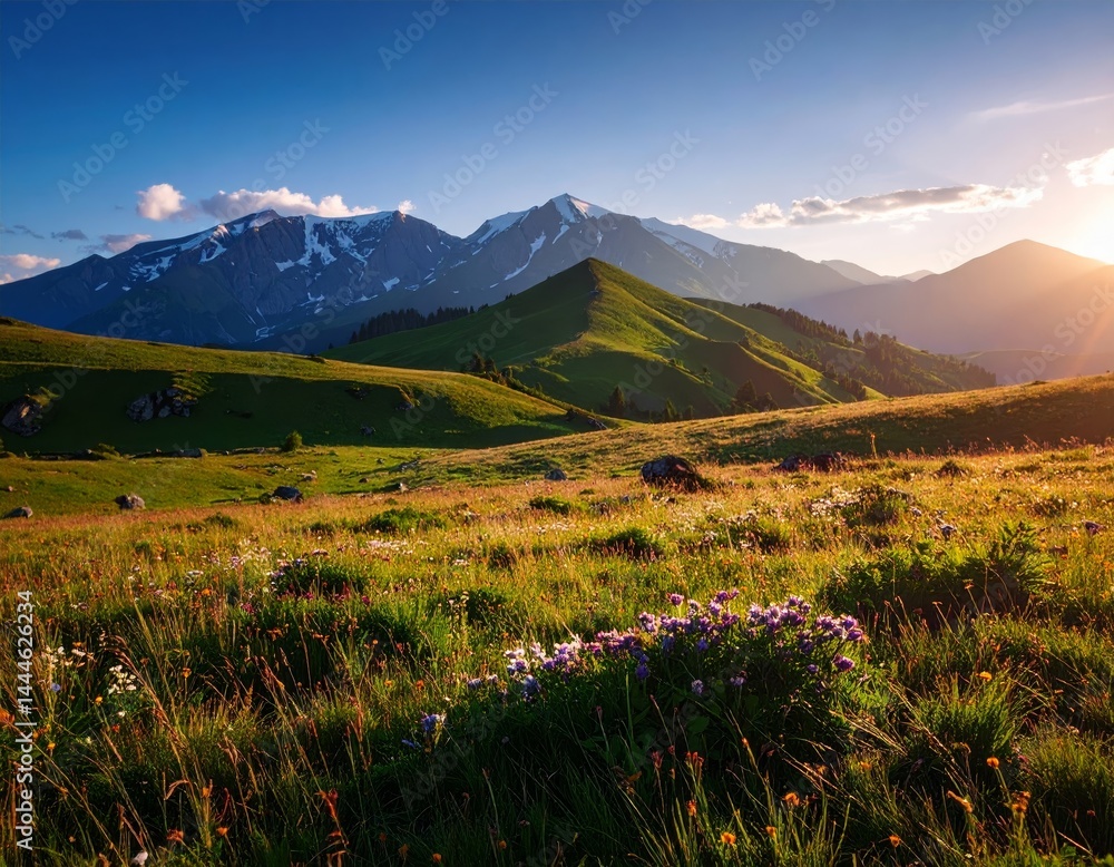 Obraz premium Nature grass meadow in the alps, mountain range in background