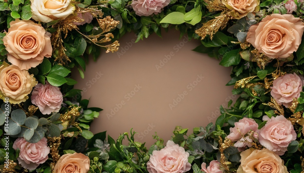 Floral wreath design with pastel roses and greenery.