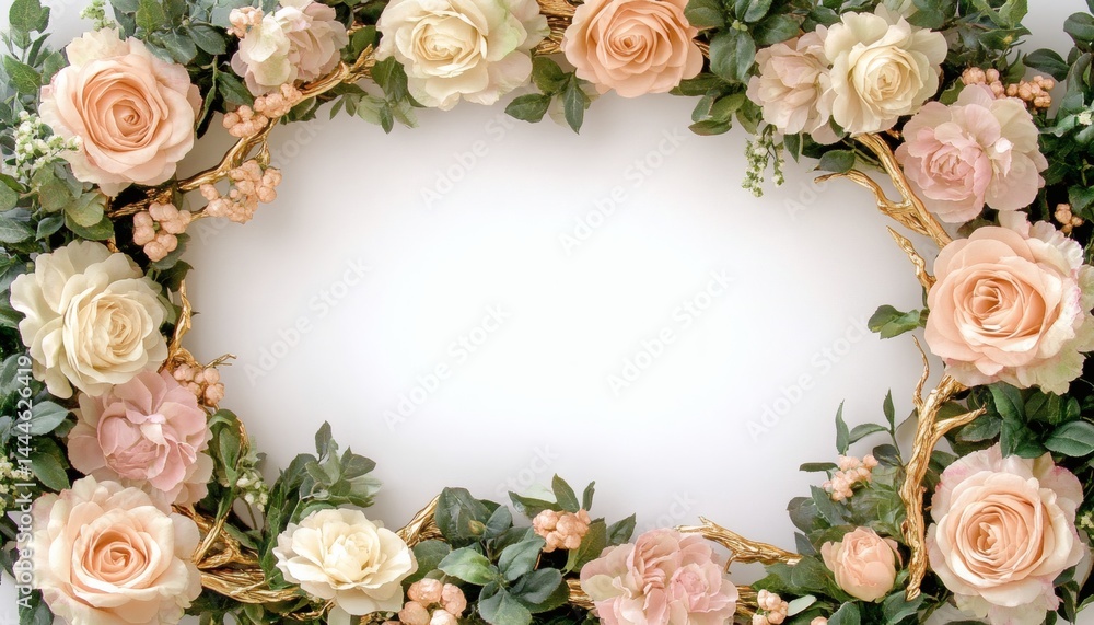 Delicate floral frame of pastel roses and greenery.