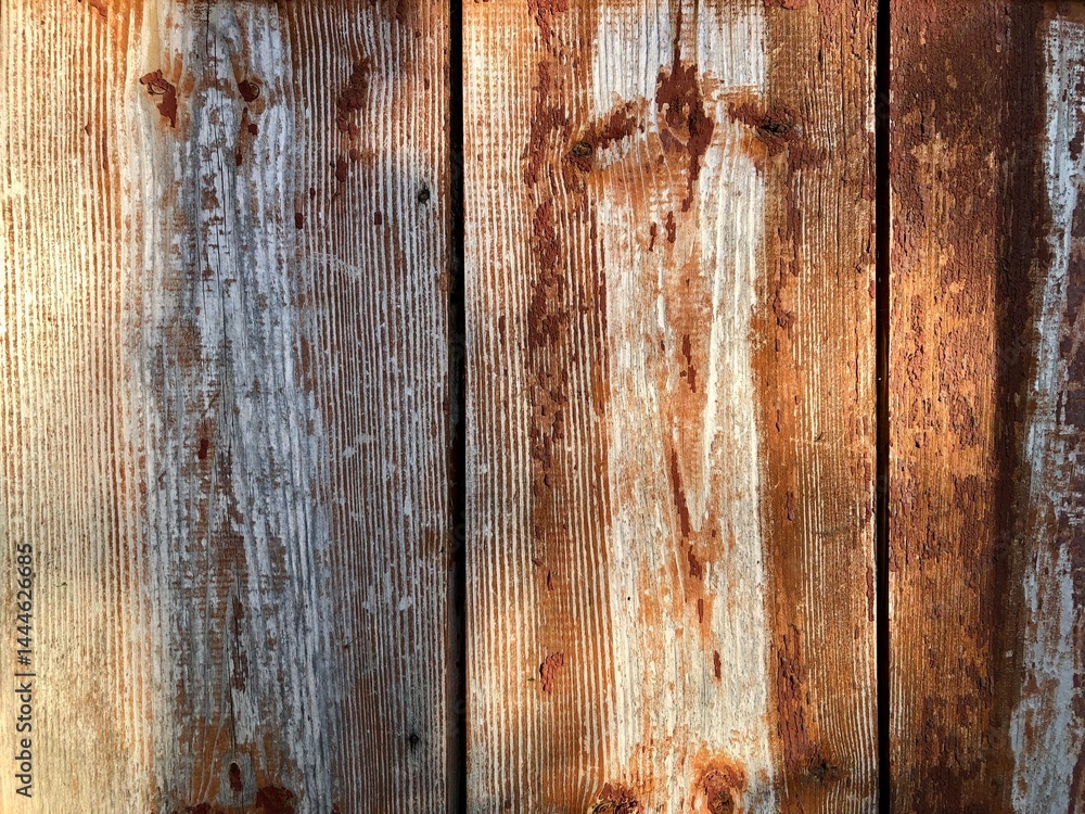 Fototapeta premium old gray boards with torn off remains of burgundy paint background for your design