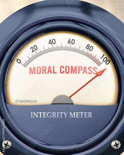 Fotografi Moral Compass and Integrity Meter that is hitting a full scale, showing a very high level of moral compass, overload of it, too much of it