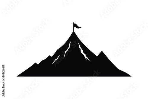 A Mountain peak top with flag silhouette on a white background