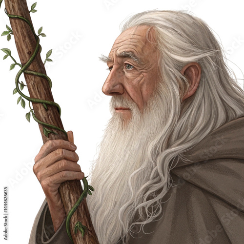 An elderly man with wise eyes and long white hair, wearing a hooded robe in a mystical forest